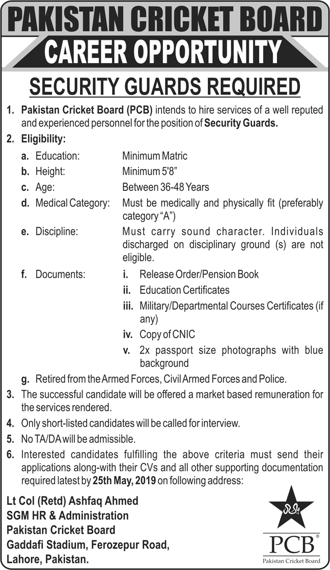 Security Guards Required at Pakistan Cricket Board 2019