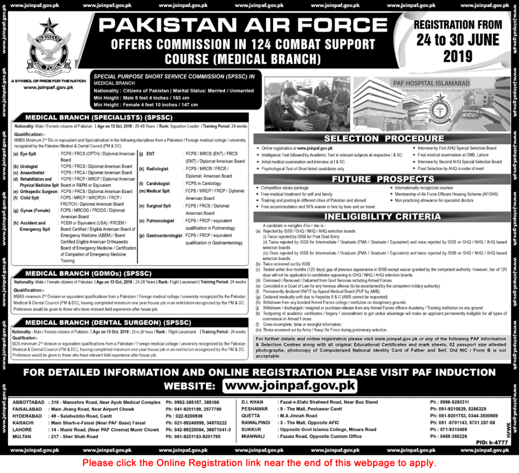 Join Pakistan Air Force Through SPSSC Commission in 124 Combat Support Course June 2019 Apply Online