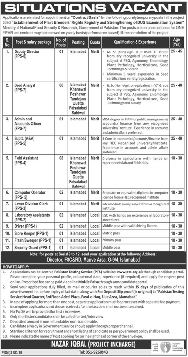 Jobs in Ministry of National Food Security and Research Pakistan 2019