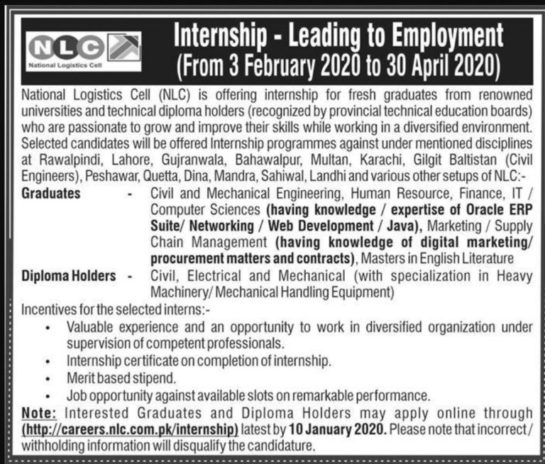 NLC Internship 2020 in Pakistan – Fully Paid National Logistic Cell Internship Leading to Employment