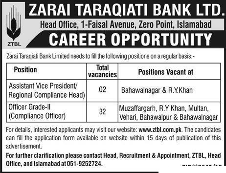 Zarai Taraqiati Bank Ltd ZTBL Jobs
